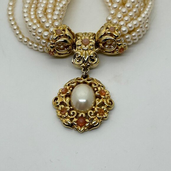 Vintage Faux Pearl Torsade Necklace With Ornate Gold-Tone Pendant & Rhinestones - Picture 2 of 14